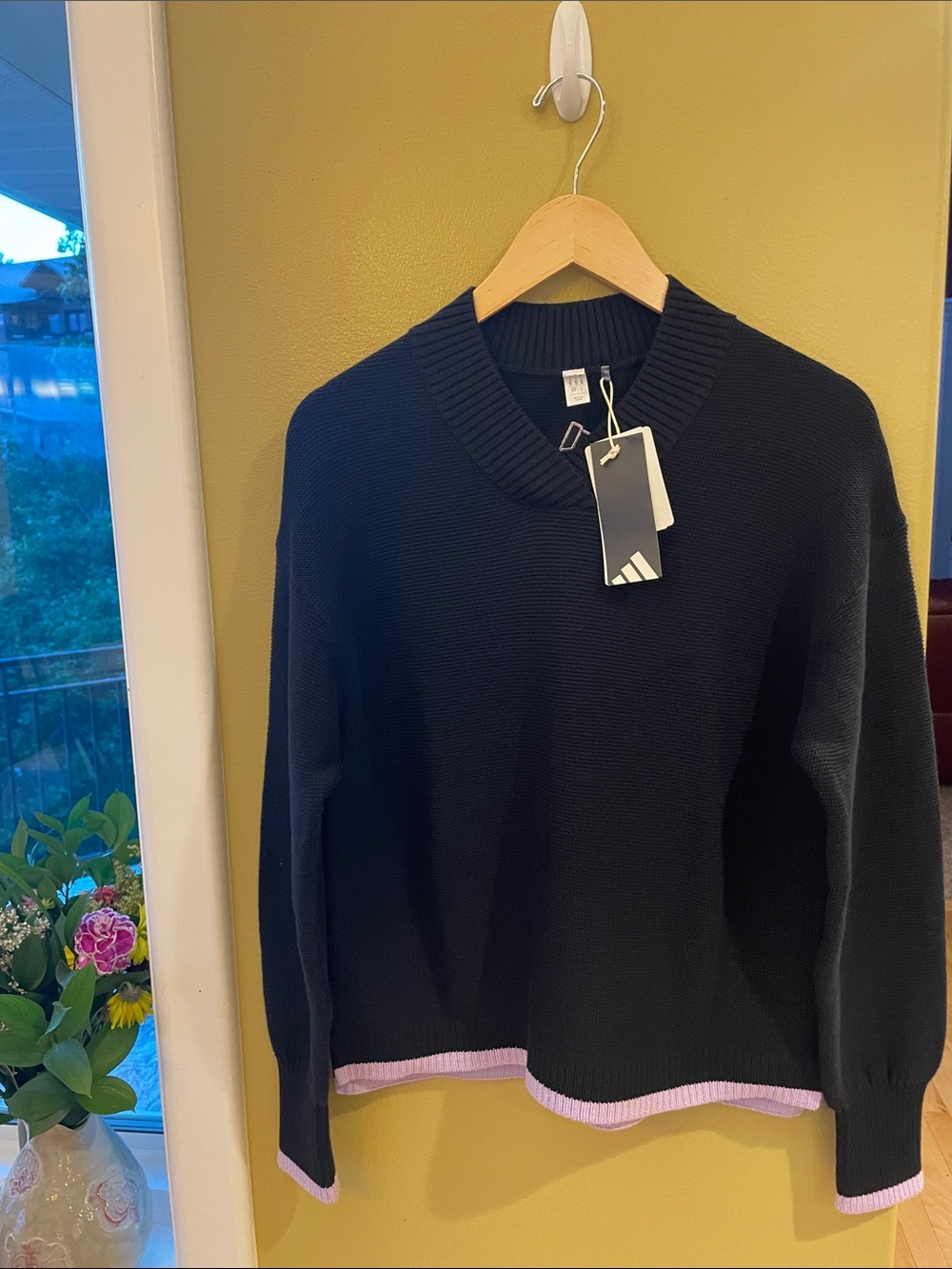 NWT adidas Black V-Neck Sweater with Purple Trim